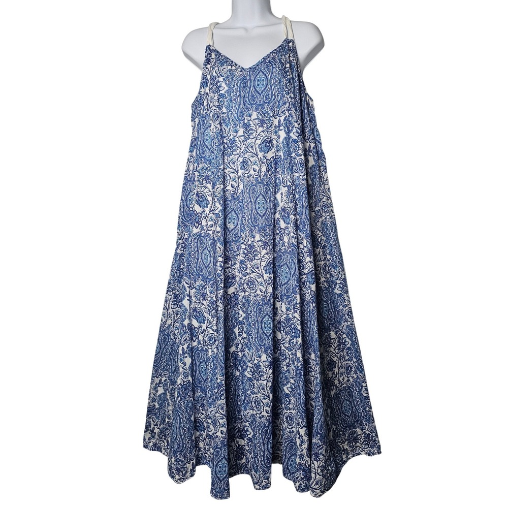 Garnet Hill Maxi Dress Womens PL Blue White Coastal Nautical Rope Strap Cotton - Picture 2 of 11